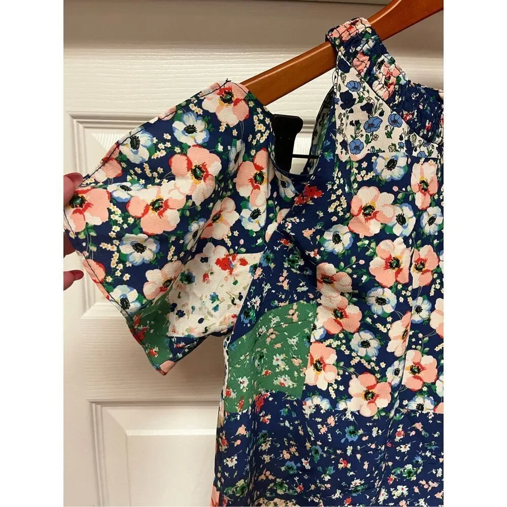 Zara Blue Floral Patchwork Cold Shoulder Boho Festival Dress sz XS EUC